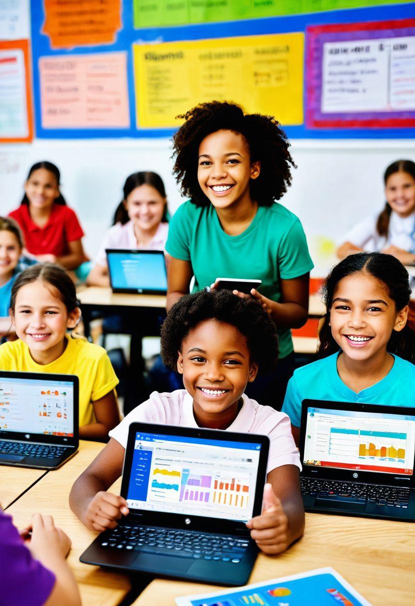 A joyful classroom scene showcasing diverse students engaging with digital assessment tools on tablets and laptops, with bright smiles and expressions of triumph. Include elements like colorful charts and graphs on screens representing progress, accompanied by an enthusiastic teacher guiding them. The atmosphere should exude positivity and a sense of achievement, with colorful decorations and motivational quotes on the walls. vibrant colors. super-realistic.