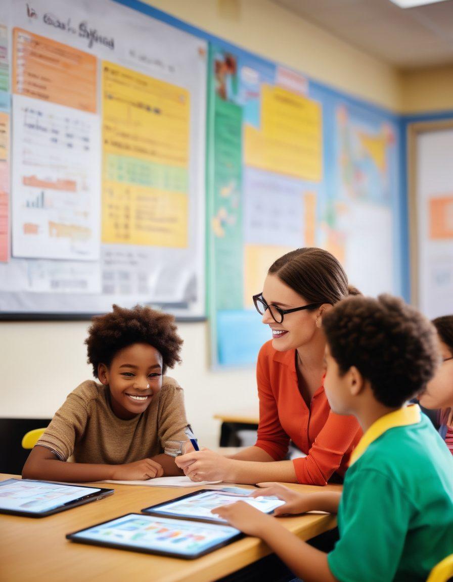 A vibrant classroom scene depicting diverse students attentively engaged with personalized learning tools like tablets and interactive boards. The atmosphere is filled with enthusiasm, showing students collaborating and sharing ideas, with colorful charts and graphs illustrating their progress on the walls. In the foreground, a teacher offers guidance with a warm smile, emphasizing supportive education. Super-realistic. Vibrant colors. Soft focus.