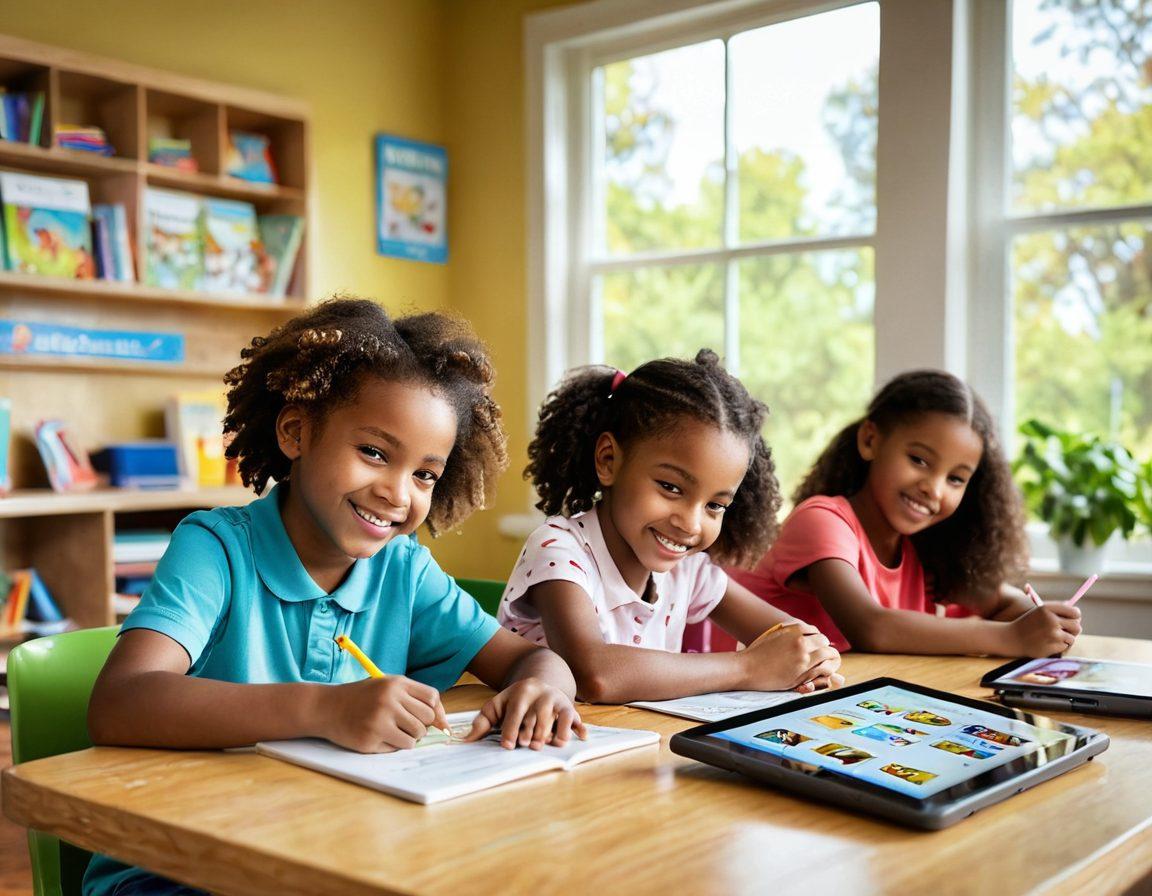 A colorful classroom scene filled with diverse children joyfully engaging in learning activities, featuring interactive technology like tablets and smartboards. In the background, a sunlit window brightens the space, portraying a garden theme that symbolizes growth and curiosity. Cheerful expressions on the children's faces, with books and educational games scattered around, showcasing the happiness of learning. Vibrant colors. 3D. Whimsical style.